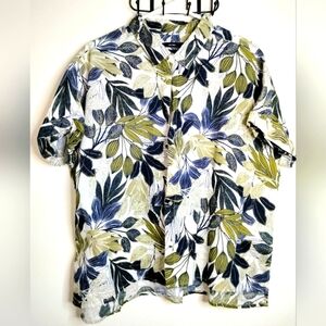 Tahari (Size XL) Multicolored Hawaiian Floral Button Front 100% Linen Shirt